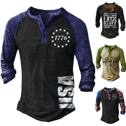 Men's Long Sleeve Henley T-Shirt with Creative Print and Stylish Button Closure Amarae