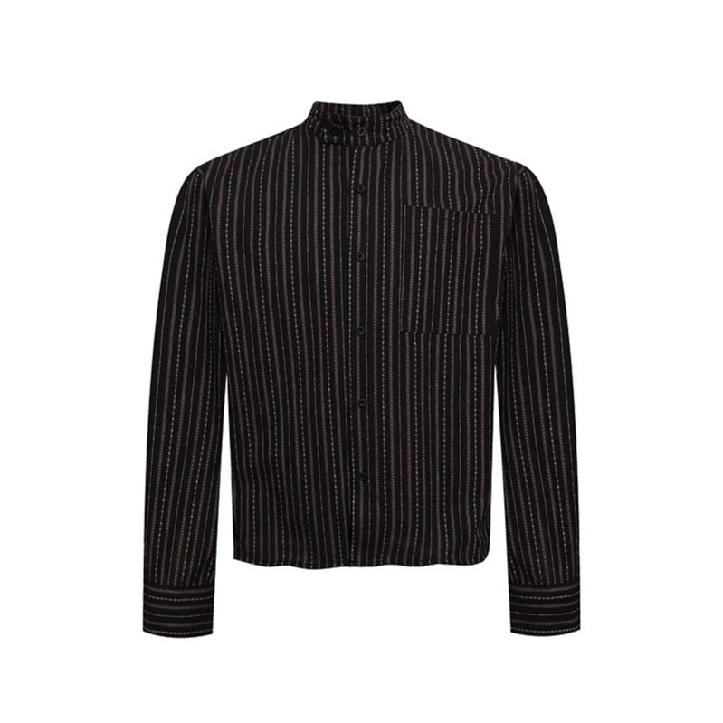 Men's Lightweight Long Sleeve Shirt with Stand-Up Collar, Fine Striped Pattern and Breast Pocket Amarae