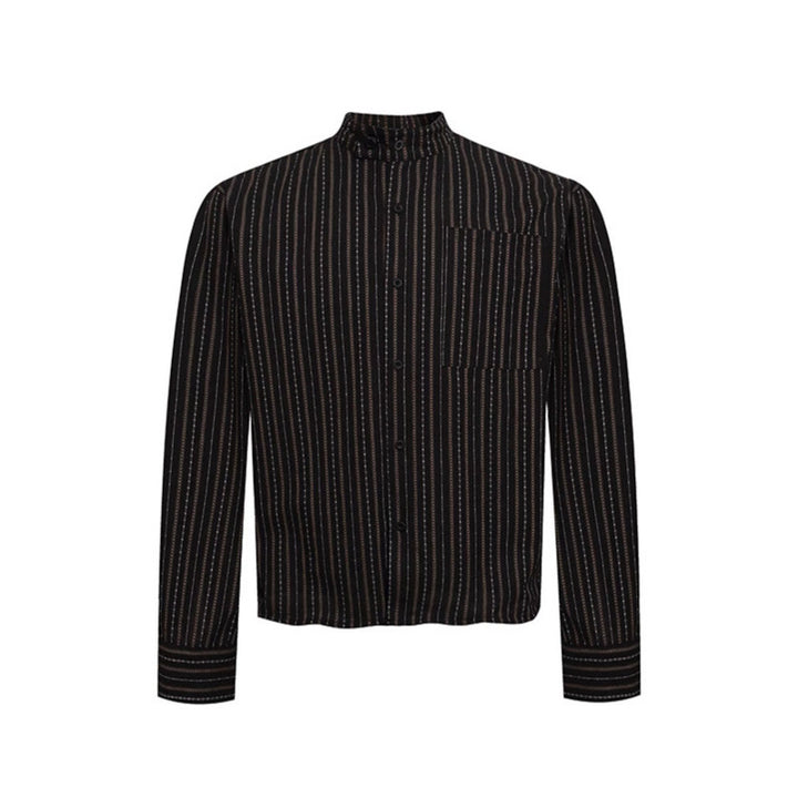 Men's Lightweight Long Sleeve Shirt with Stand-Up Collar, Fine Striped Pattern and Breast Pocket Amarae