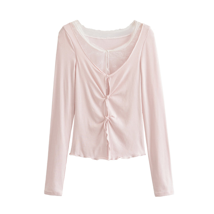 Women's Long Sleeve Fine Jersey Top with Lace Insert, Knot Front and Gathered Detail