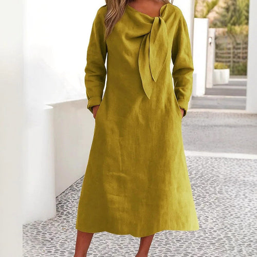 Elegant linen dress for women with asymmetric collar and shawl collar Amarae