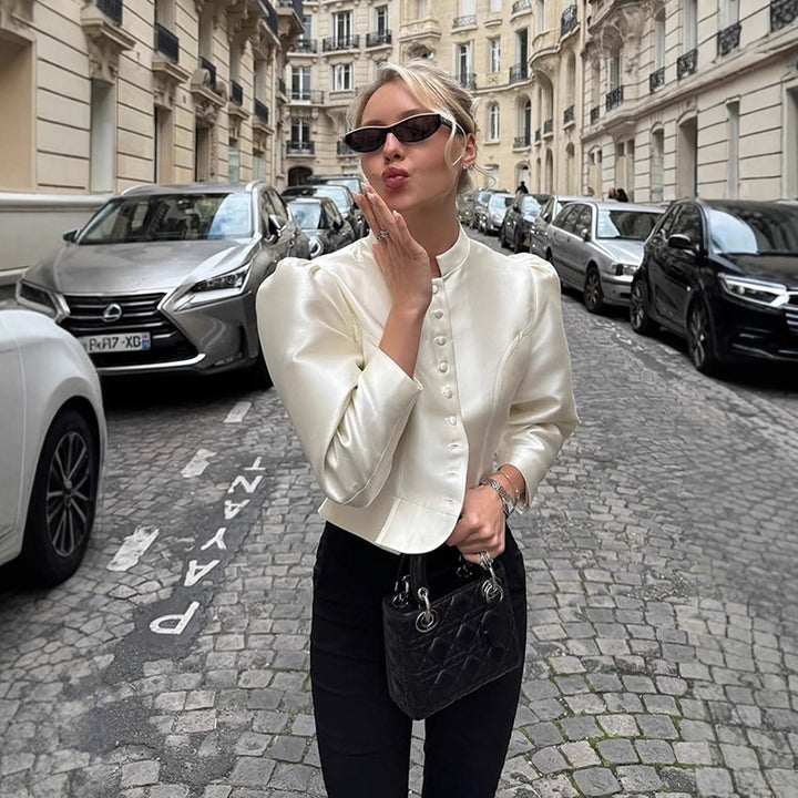 Women Tailored Satin Bolero Jacket with Stand-up Collar & Emphasized Puff Sleeves Amarae