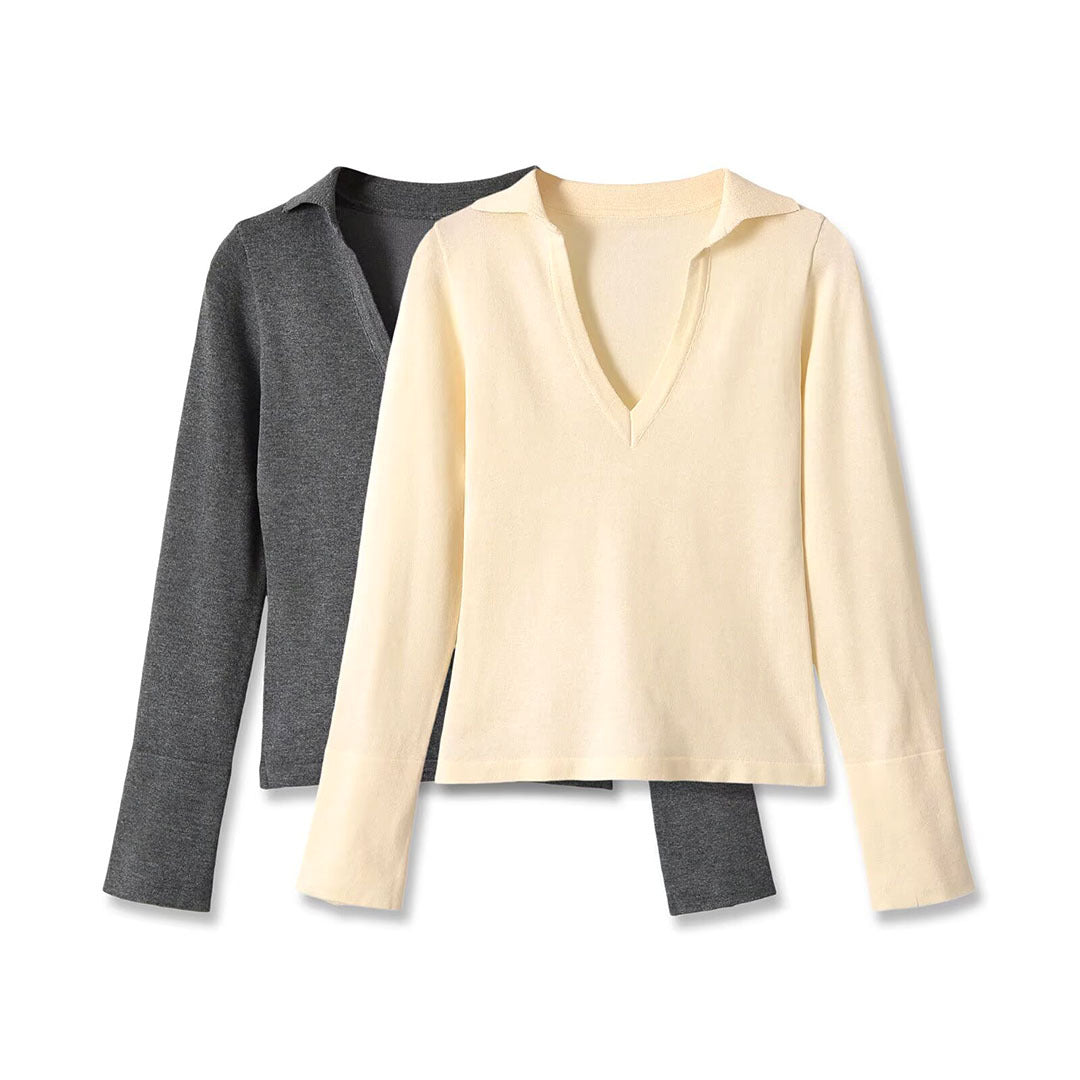 Ladies fine knit long sleeve with deep V-neck and shirt collar Amarae