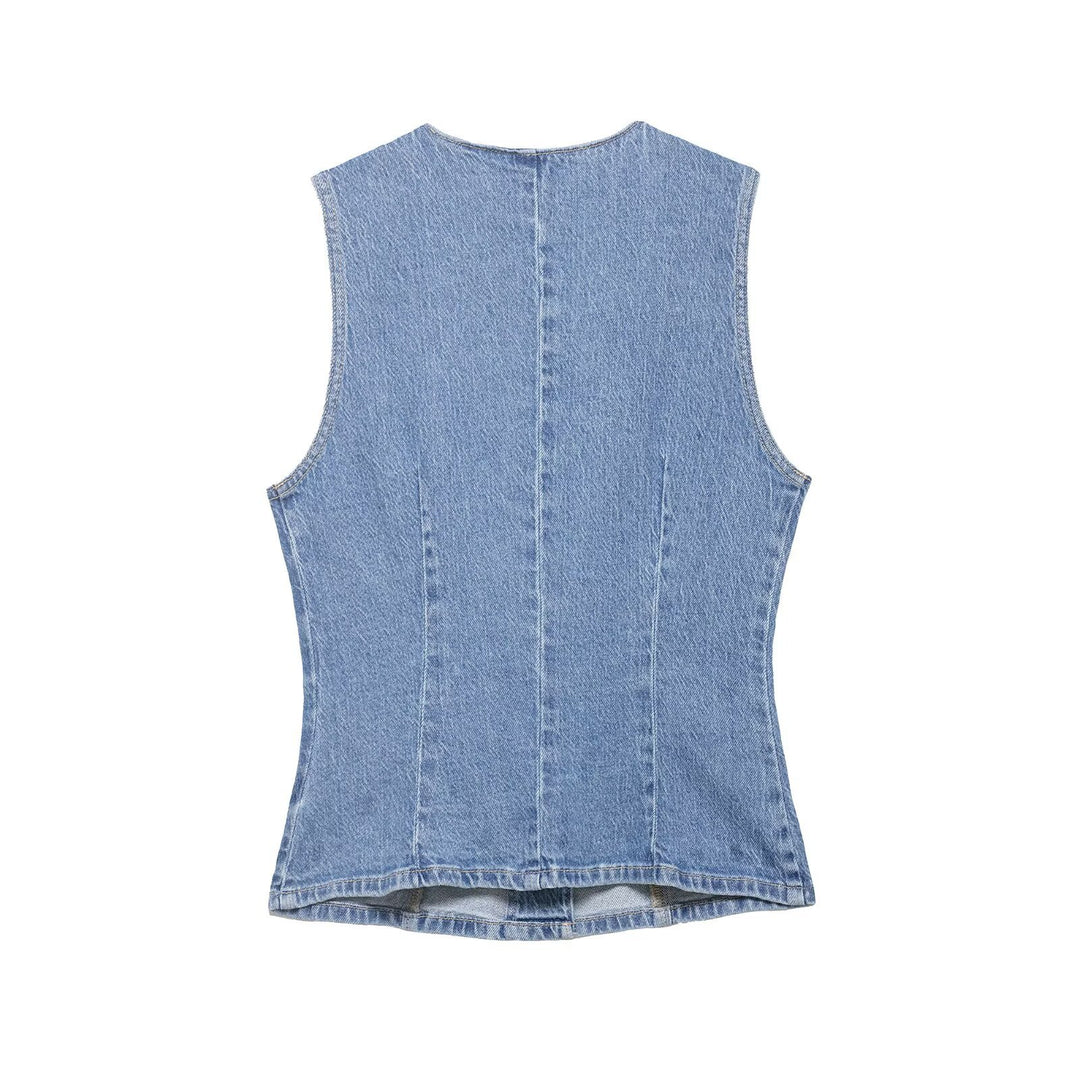 Women Tailored Denim Vest with Asymmetrical Button Placket and Princess Seams Amarae