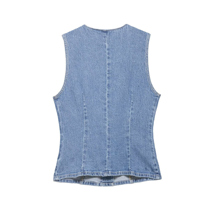 Women Tailored Denim Vest with Asymmetrical Button Placket and Princess Seams Amarae