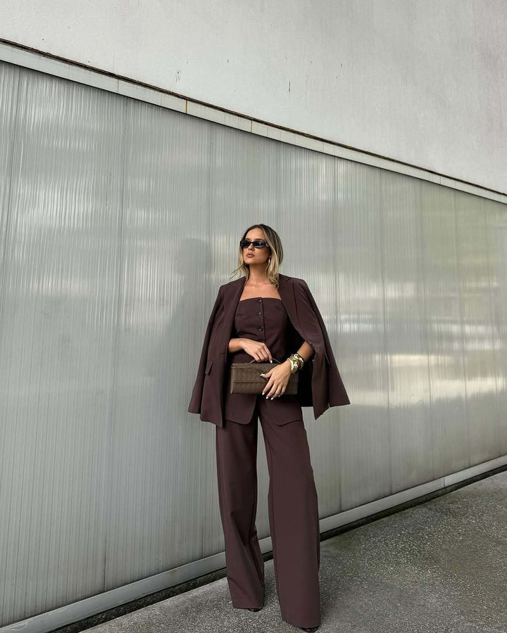 Women's Two-Piece Tailoring Set with Strapless Corset Top and Wide Palazzo Pants Amarae