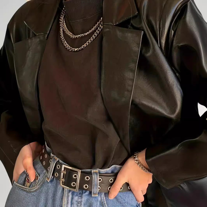 Women's Oversized Leather Look Blazer with Emphasized Shoulder Section and Glossy Finish Amarae