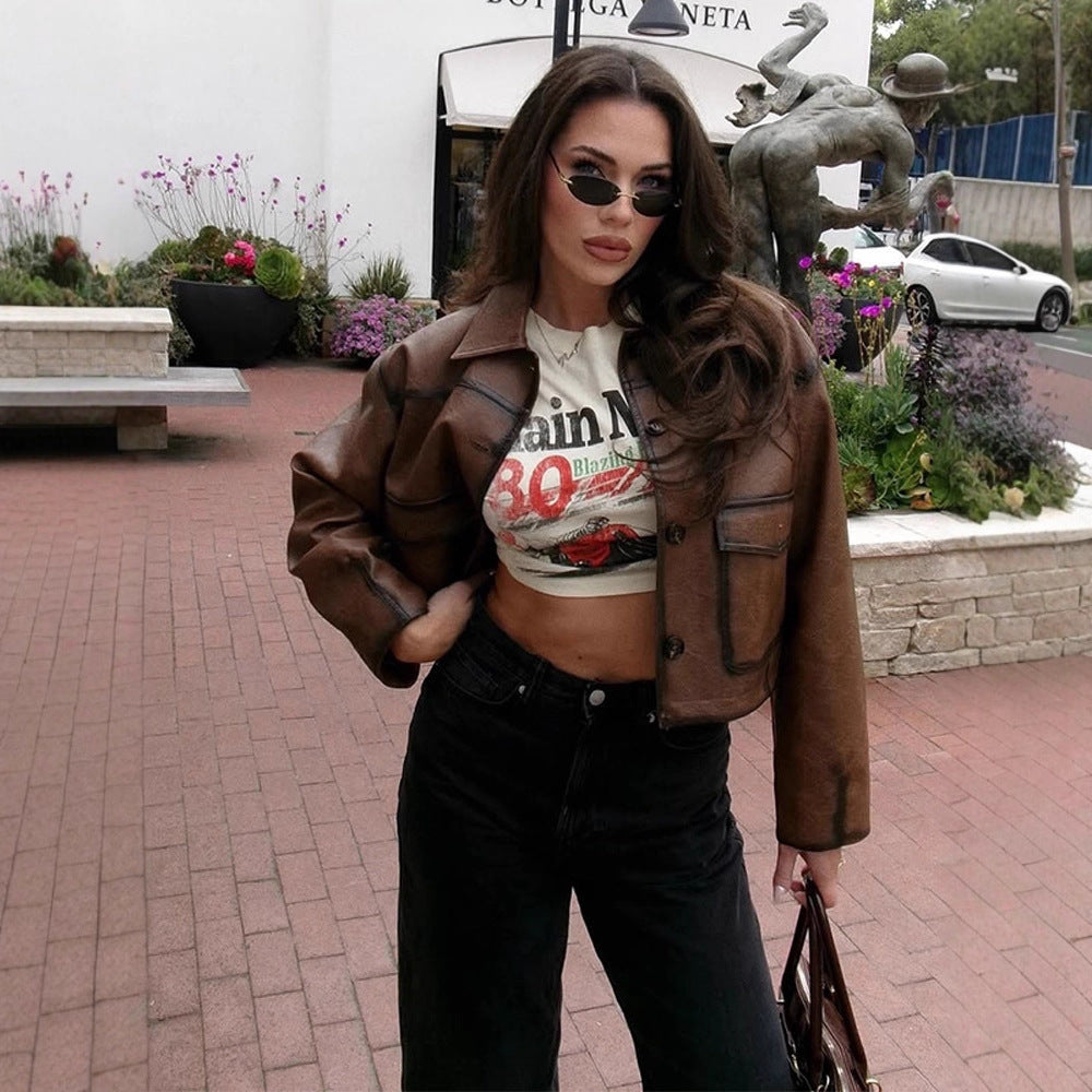 Women's cropped boxy jacket made of vegan leather with shirt collar Amarae