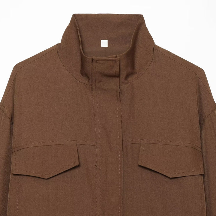 Women's Boxy Cropped Utility Jacket with High Stand Collar and Flap Pockets