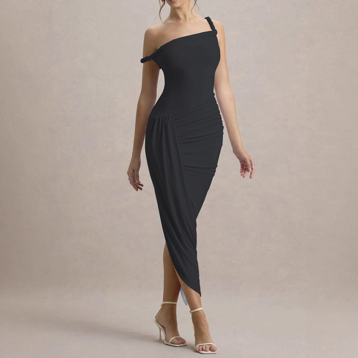 Ladies elegant asymmetrical maxi dress with gathers Lune London