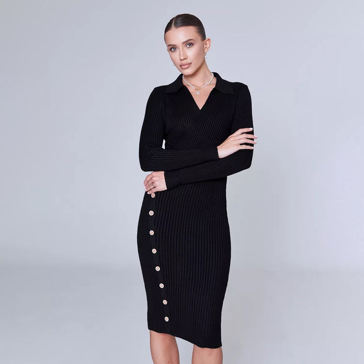 Robe tricotée pour femme avec col classique et détails de boutons Chic & Stil