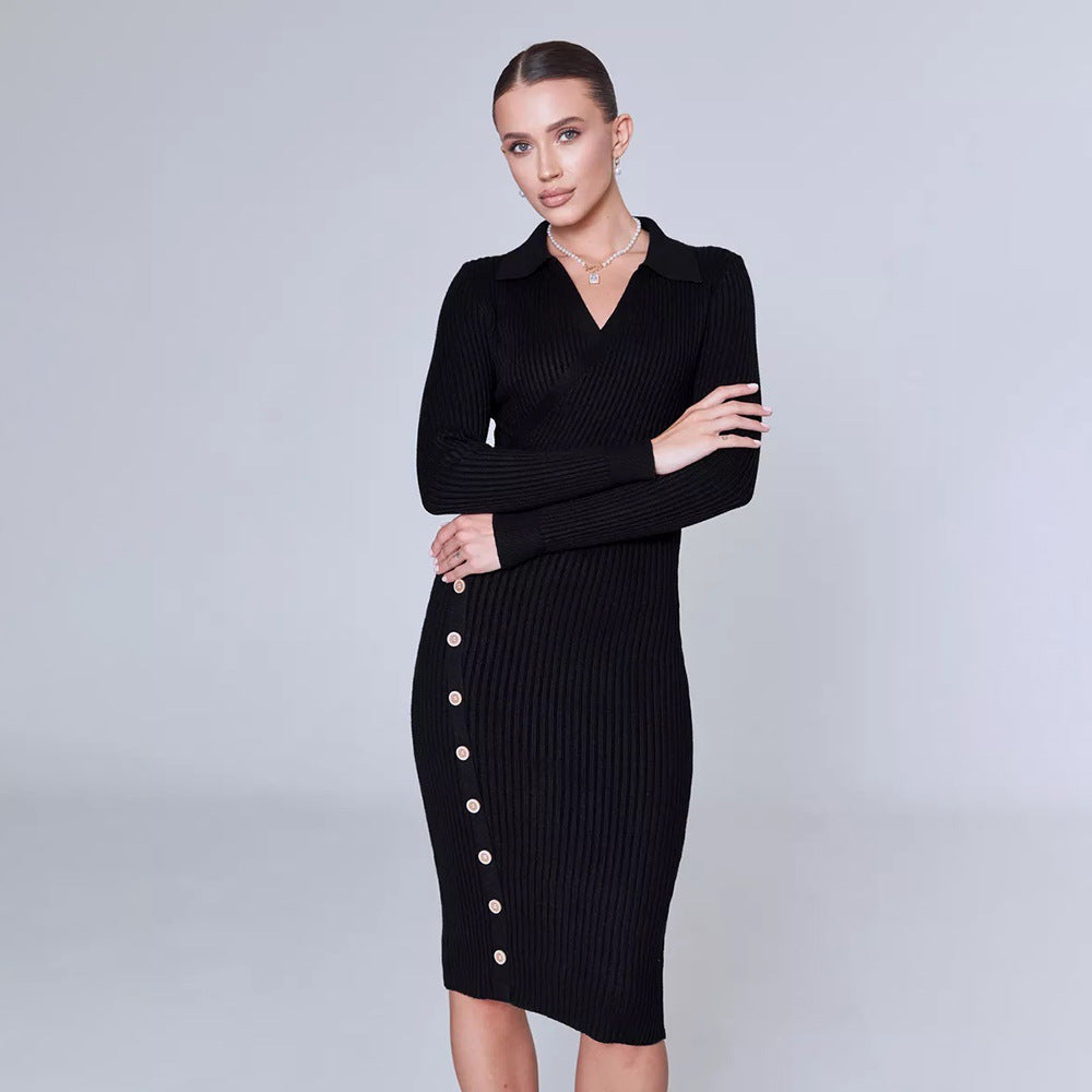 Knit dress for women with an elegant V neck and Lune London button details