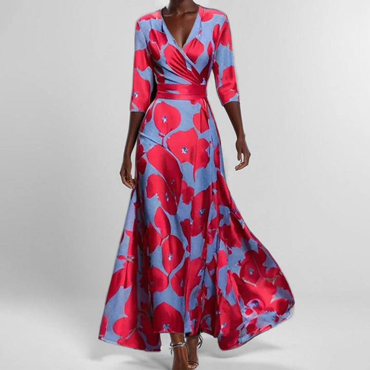 Lune London | Elegant V-Neck Printed Waist Dress with Peplum