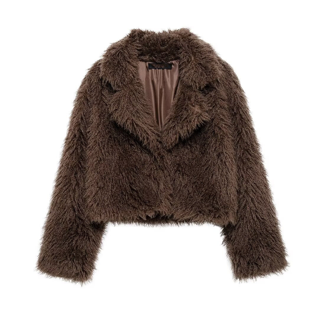 Ladies Short Boxy Plush Jacket in Shaggy Look with Dropped Lapel Amarae