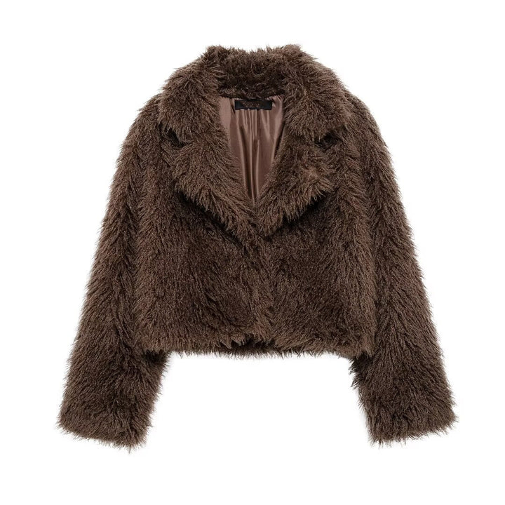 Ladies Short Boxy Plush Jacket in Shaggy Look with Dropped Lapel Amarae