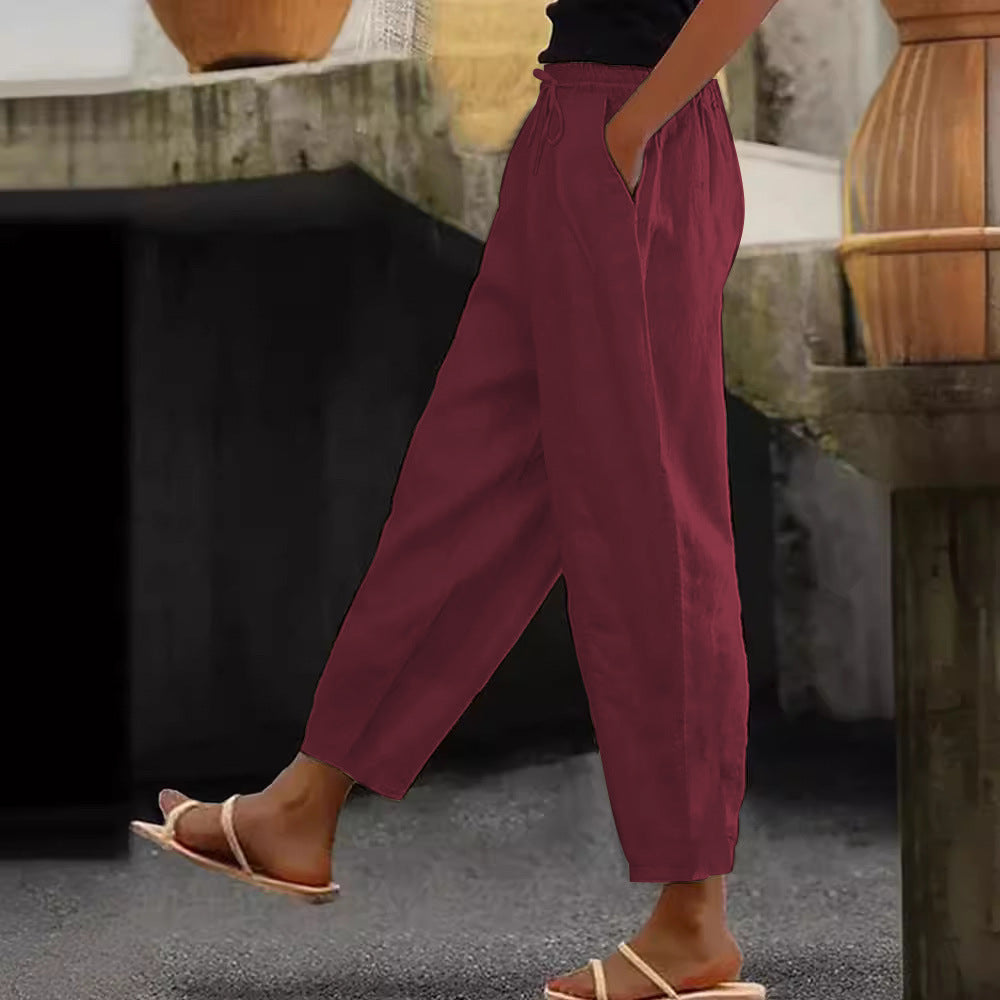 Women's Linen Blend Cropped Pants with Elastic Waistband, Drawstring and Side Pockets Amarae