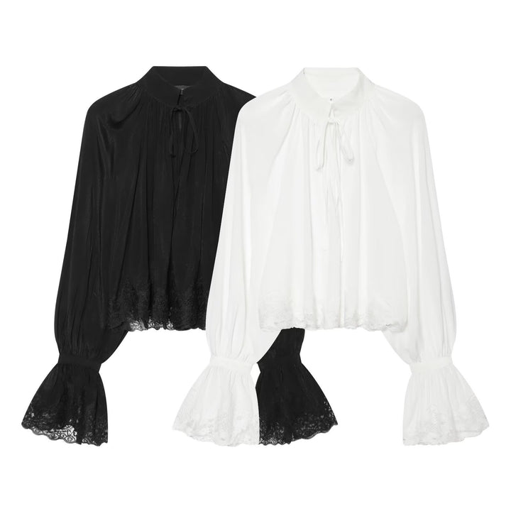 Women's Transparent Blouse with Stand Collar, Ruffle Sleeves and Lace Trim Amarae