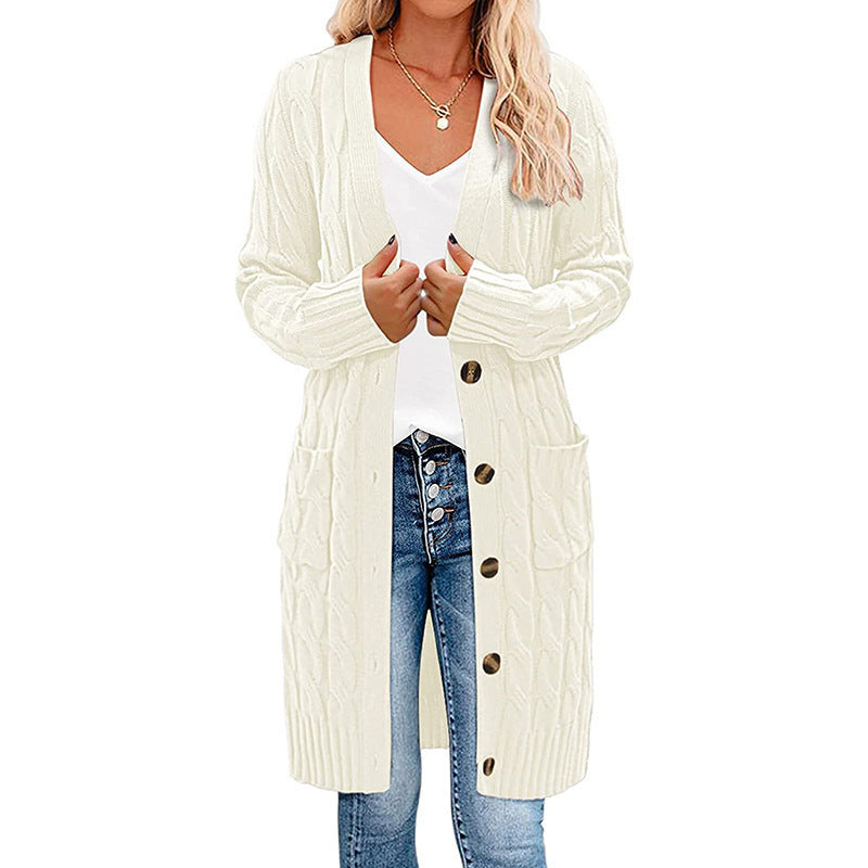 Ladies long knitted cardigan with cable design and practical pockets Lune London