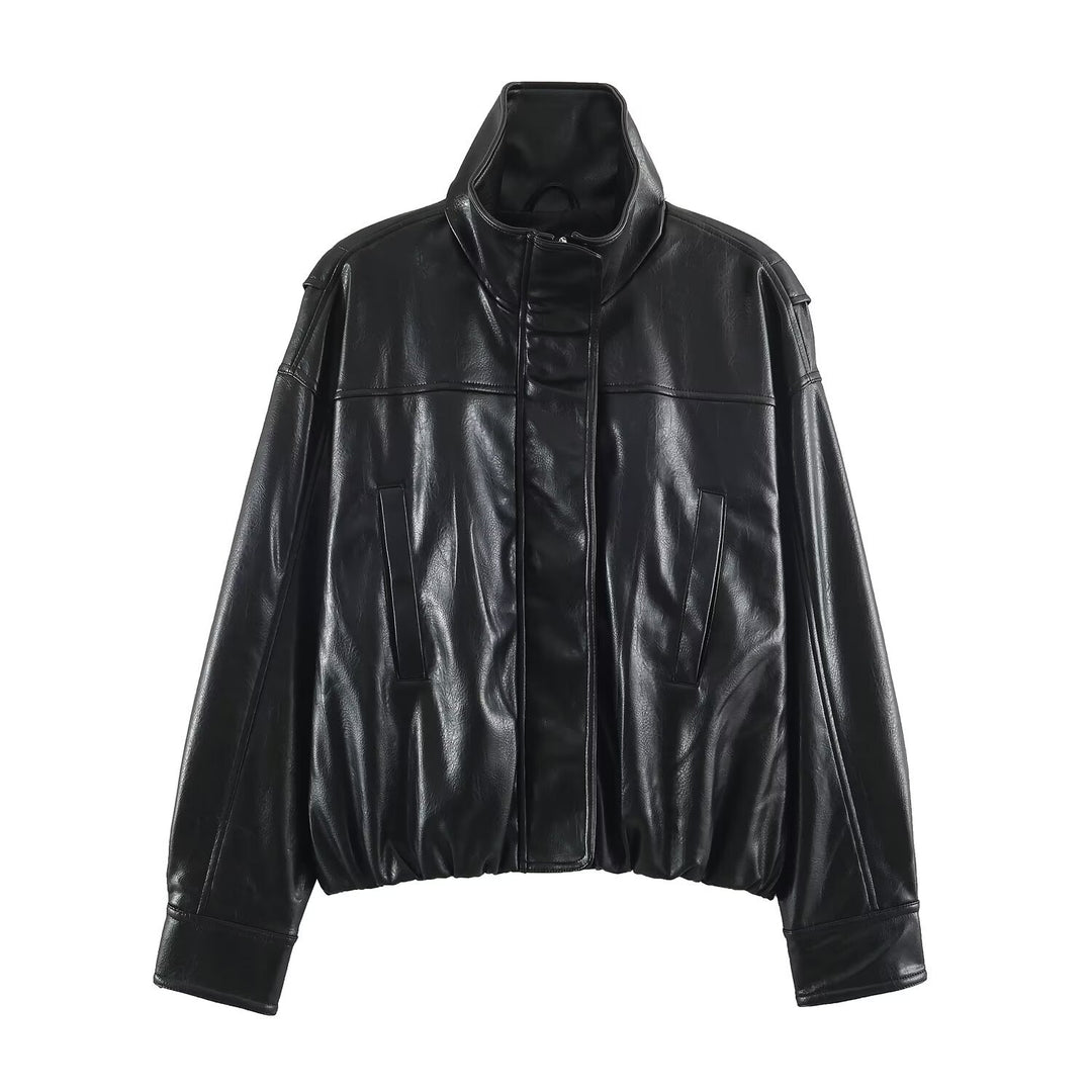 Women's Oversized Leather Look Blouson Jacket with Stand-up Collar and Elastic Hem Amarae