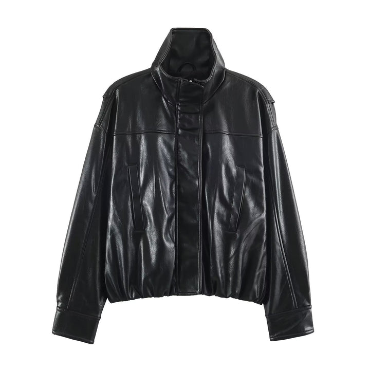 Women's Oversized Leather Look Blouson Jacket with Stand-up Collar and Elastic Hem Amarae