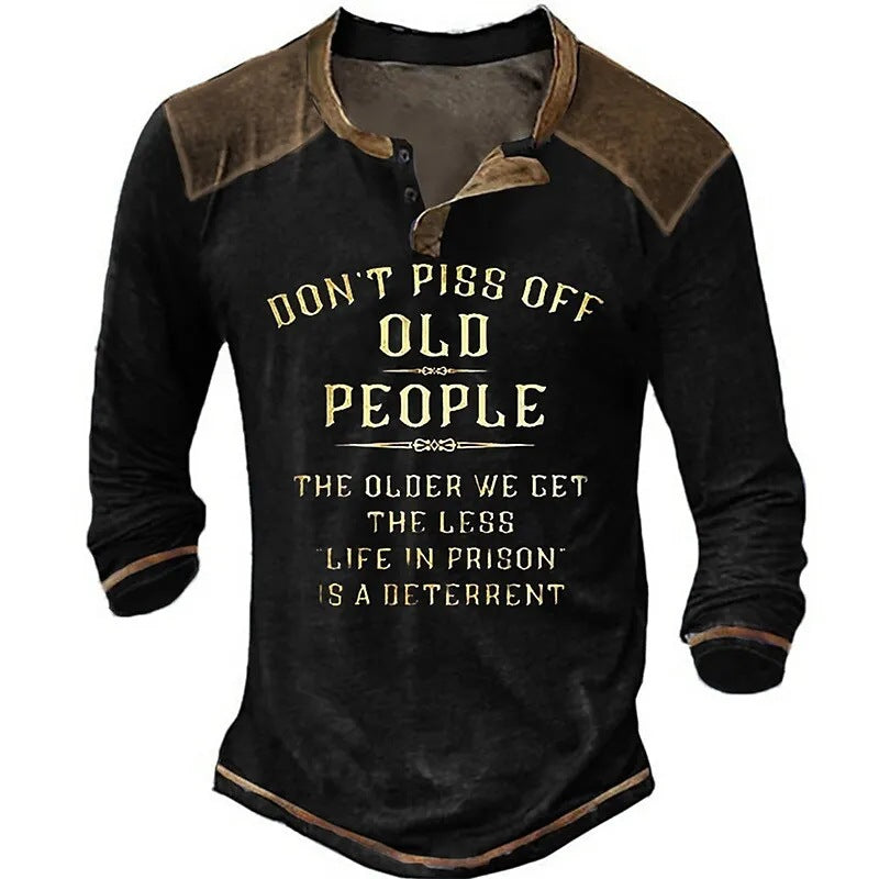 Men's Long Sleeve Henley T-Shirt with Creative Print and Stylish Button Closure Lune London
