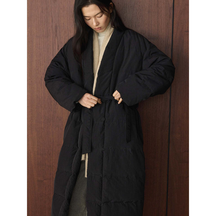 Women Longer quilted coat with kimono-like collar and oversized silhouette Amarae