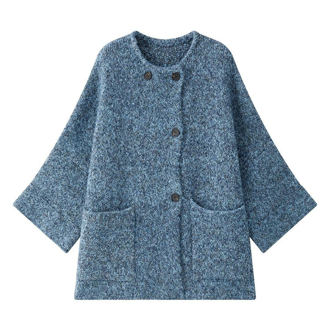 Women's short jacket in mohair look with round neck, button placket, and patch pockets Amarae