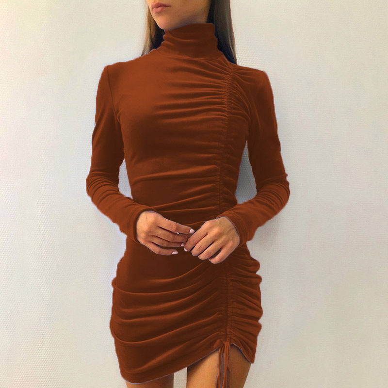 Elegant velvet mini dress for women with high collar and refined gathered effect Lune London