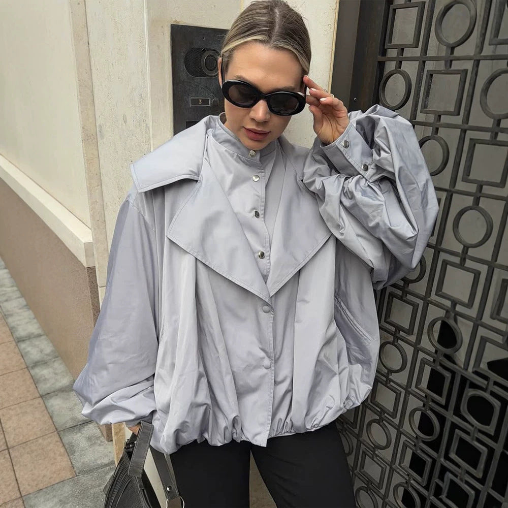 Women's Oversized Short Jacket with Wide Volume Sleeves and Drawcord Hem Amarae