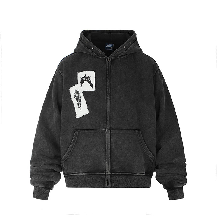 Men's hooded sweat jacket with vintage wash, oversized cut, patch print and studded accents Amarae