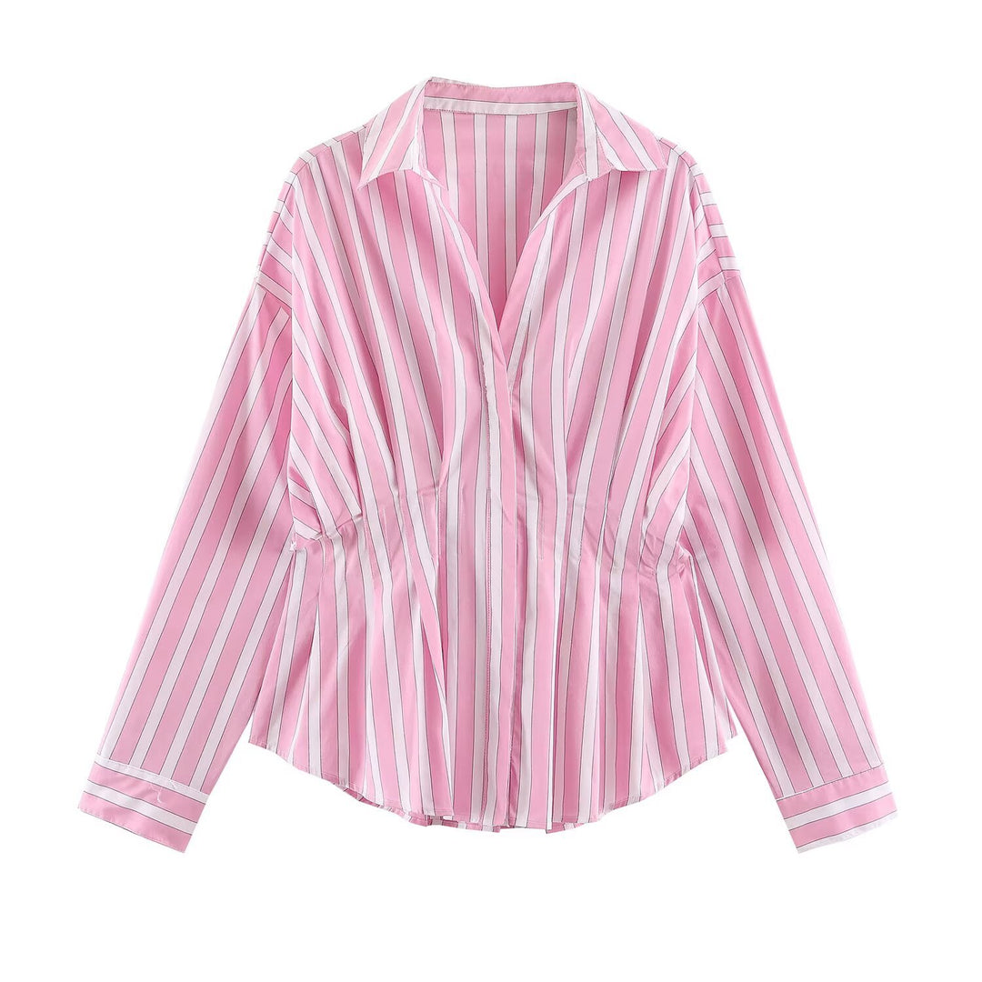 Women Striped Oversized Blouse with Tailoring Gatherings and Shirt Collar Amarae