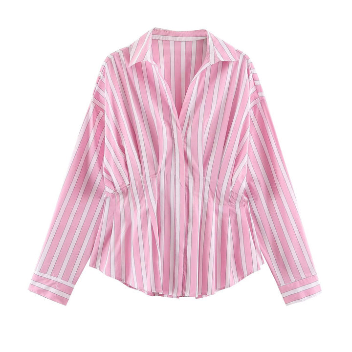 Women Striped Oversized Blouse with Tailoring Gatherings and Shirt Collar Amarae