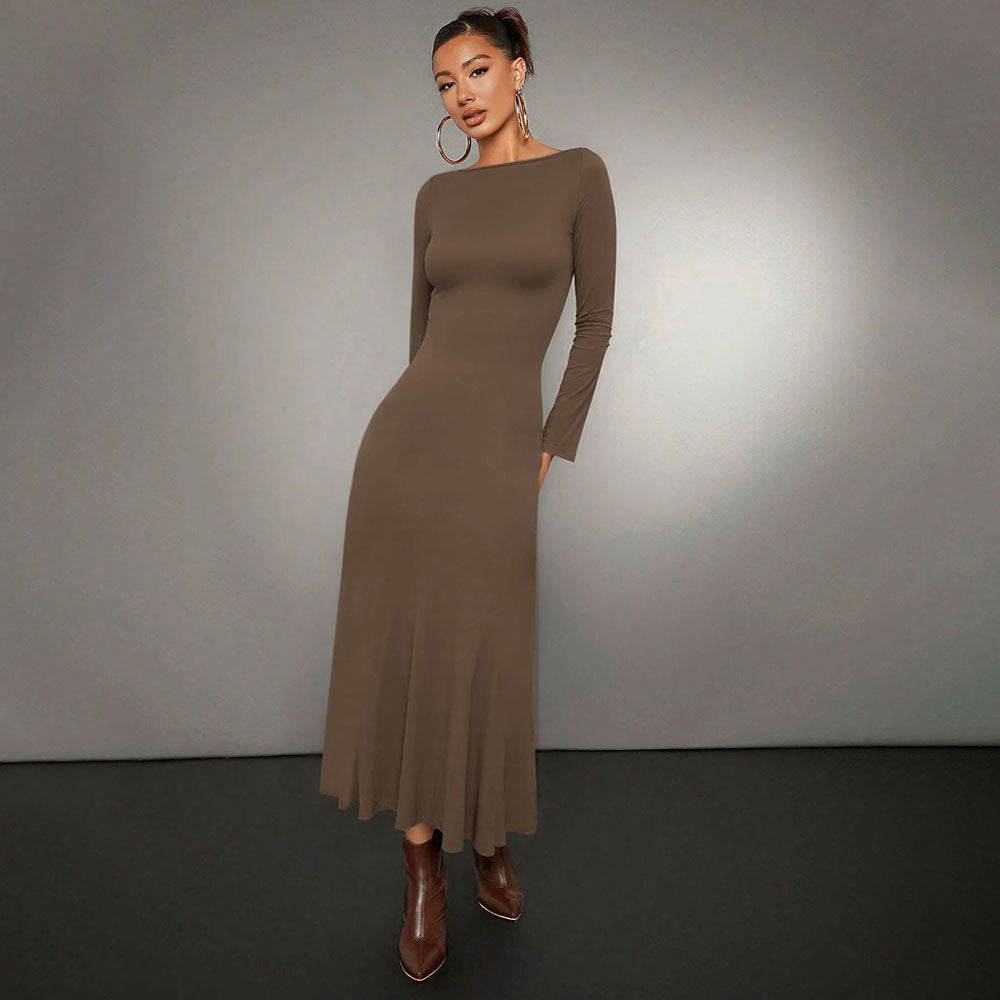 Robe midi à manches longues pour femmes avec encolure ronde élégante et ourlet volant Chic & Stil