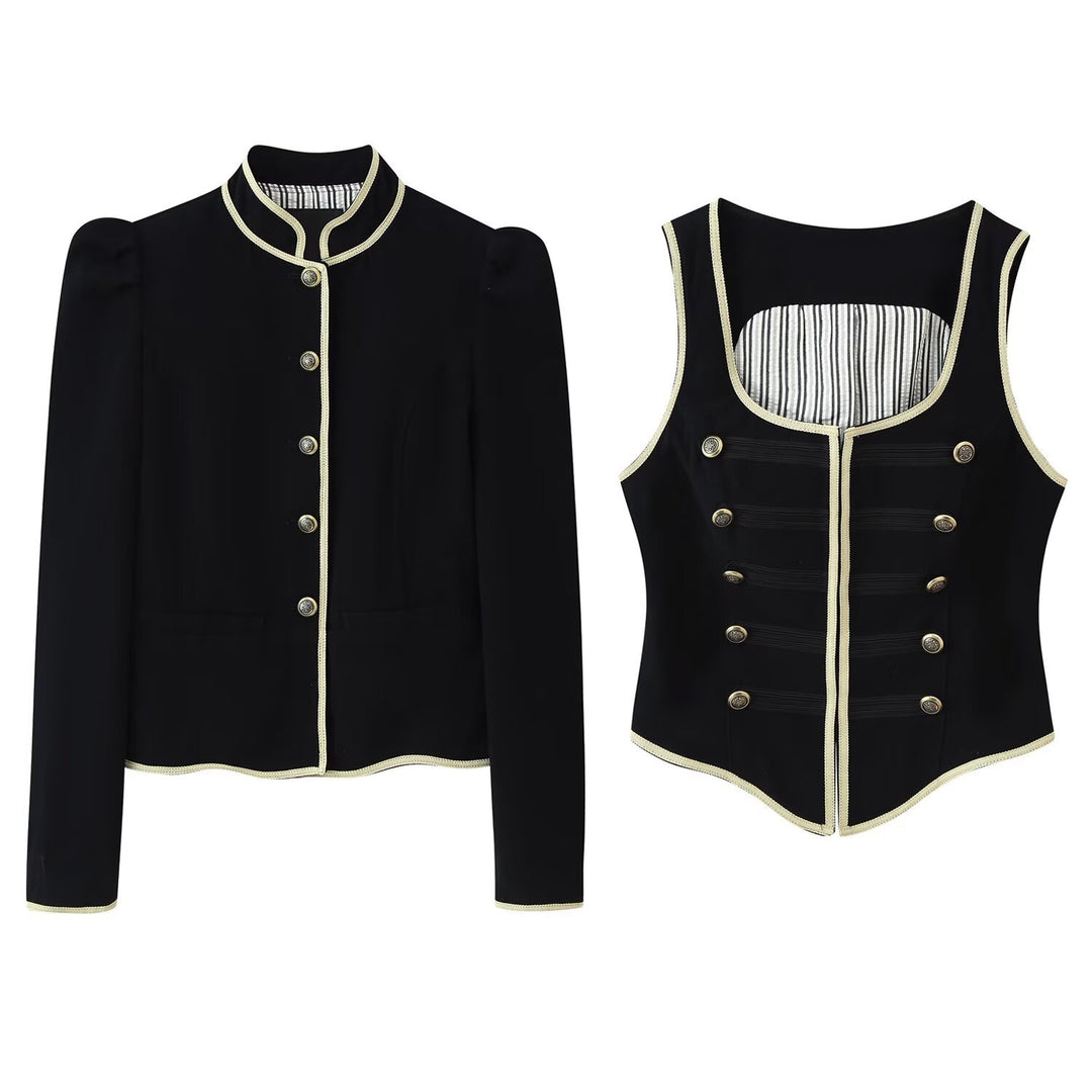 Women's Short Blazer with Stand Collar, Golden Cord Trim and Decorative Buttons Amarae