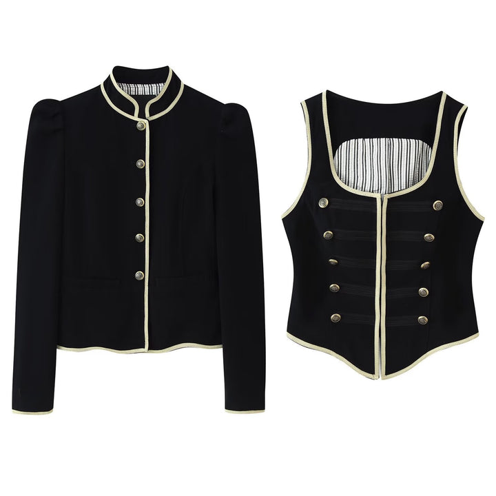 Women's Short Blazer with Stand Collar, Golden Cord Trim and Decorative Buttons Amarae