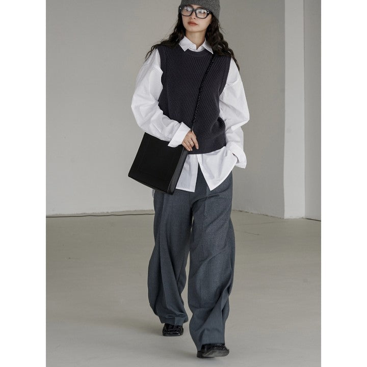 Women Oversized Ribbed Knit Vest made of Cotton Blend with Ribbed Hem Amarae