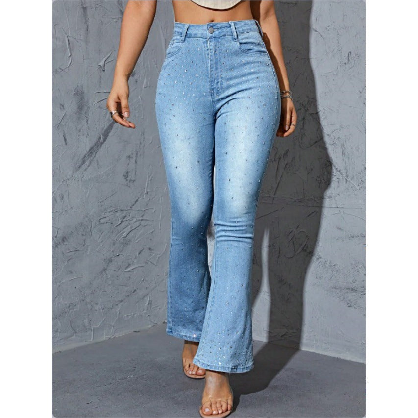 Women's High-waisted Flared Jeans with Pearl Embellishment and Sculpting Stretch waistband Amarae