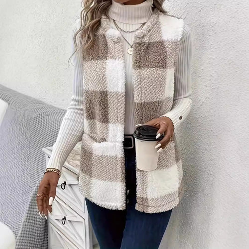 Amarae | Ladies Fluffy Vest with Check Pattern and Pockets