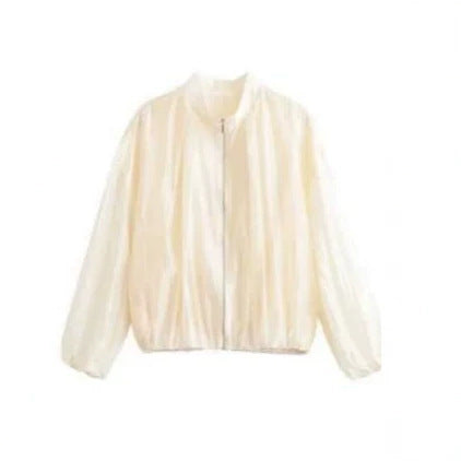 Women's Lightweight Transparent Satin Bomber Jacket with Stand Collar Amarae