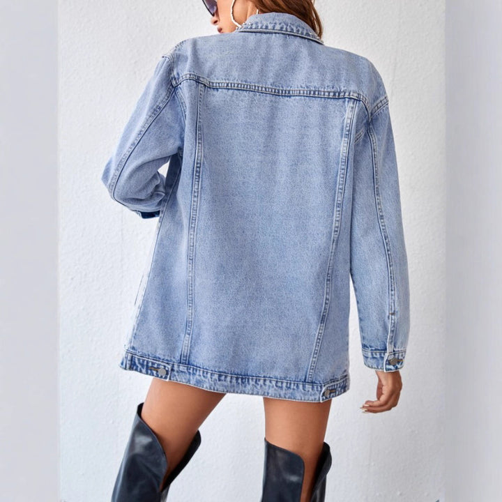 Ladies Pearl Detail Oversize Denim Jacket in Trucker Style Amarae
