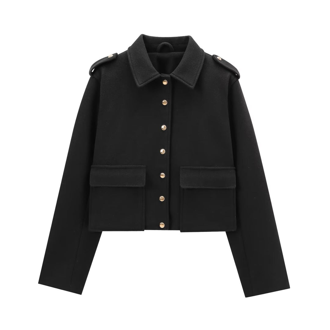 Ladies modern cropped jacket with gold snap buttons Lune London