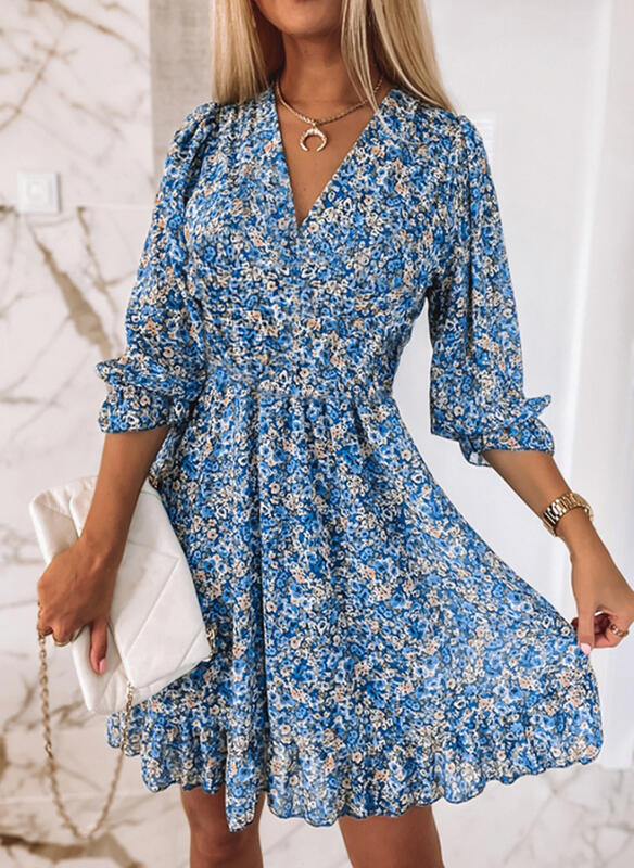 Mini floral dress for women with V-neck and ruffled details Lune London