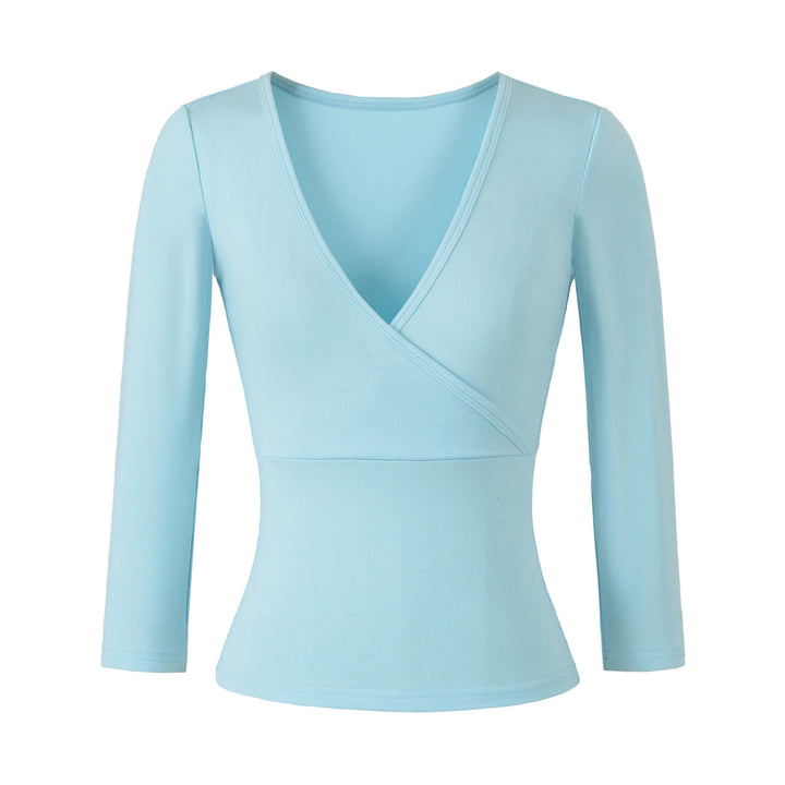 Women's figure-hugging wrap top made of stretch jersey with deep V-neck and tailored silhouette.