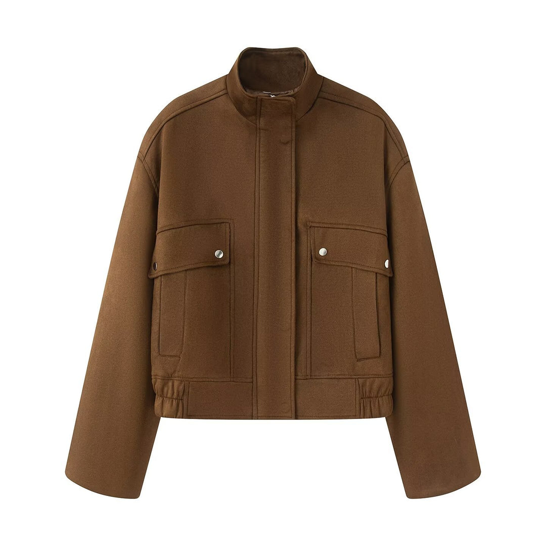 Women's Cropped Wool Blend Field Jacket with Stand Collar, Concealed Closure and Large Flap Pockets