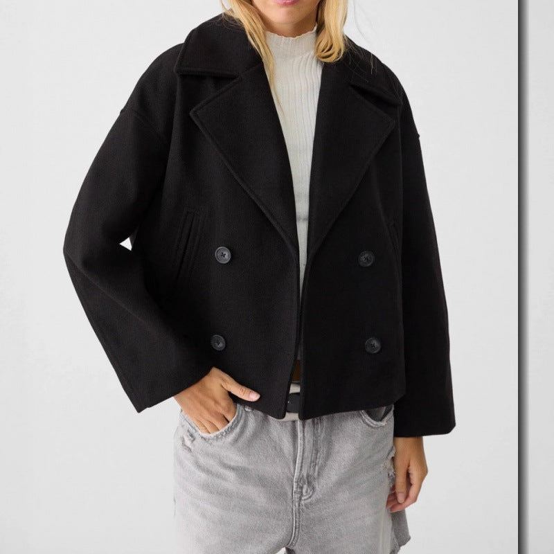 Women's Short Double-Breasted Wool Blend Peacoat with Oversized Lapels Amarae