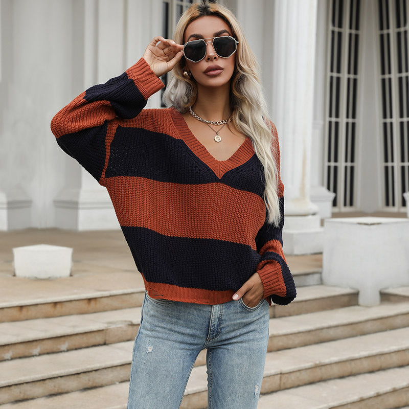 Pull en tricot surdimensionné pour femme avec encolure en V et rayures bloquées Chic & Stil
