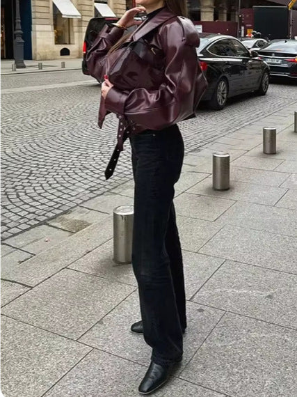 Ladies trendy oversized leather jacket with structured shoulders and waist belt Lune London