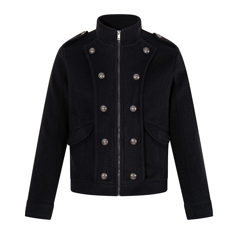 Men's short military-inspired wool jacket with stand-up collar & double-breasted decorative buttons Amarae