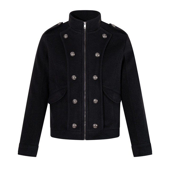 Men's short military-inspired wool jacket with stand-up collar & double-breasted decorative buttons Amarae