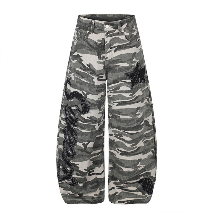 Women's Wide Camouflage Palazzo Pants with Balloon Hem and Decorative Stitch Details Amarae